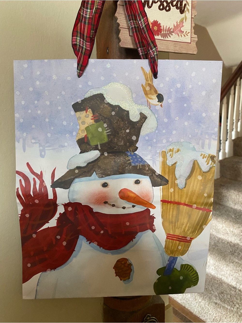 Holiday Snowman Gift Bag with Red Scarf and Tan Broom -